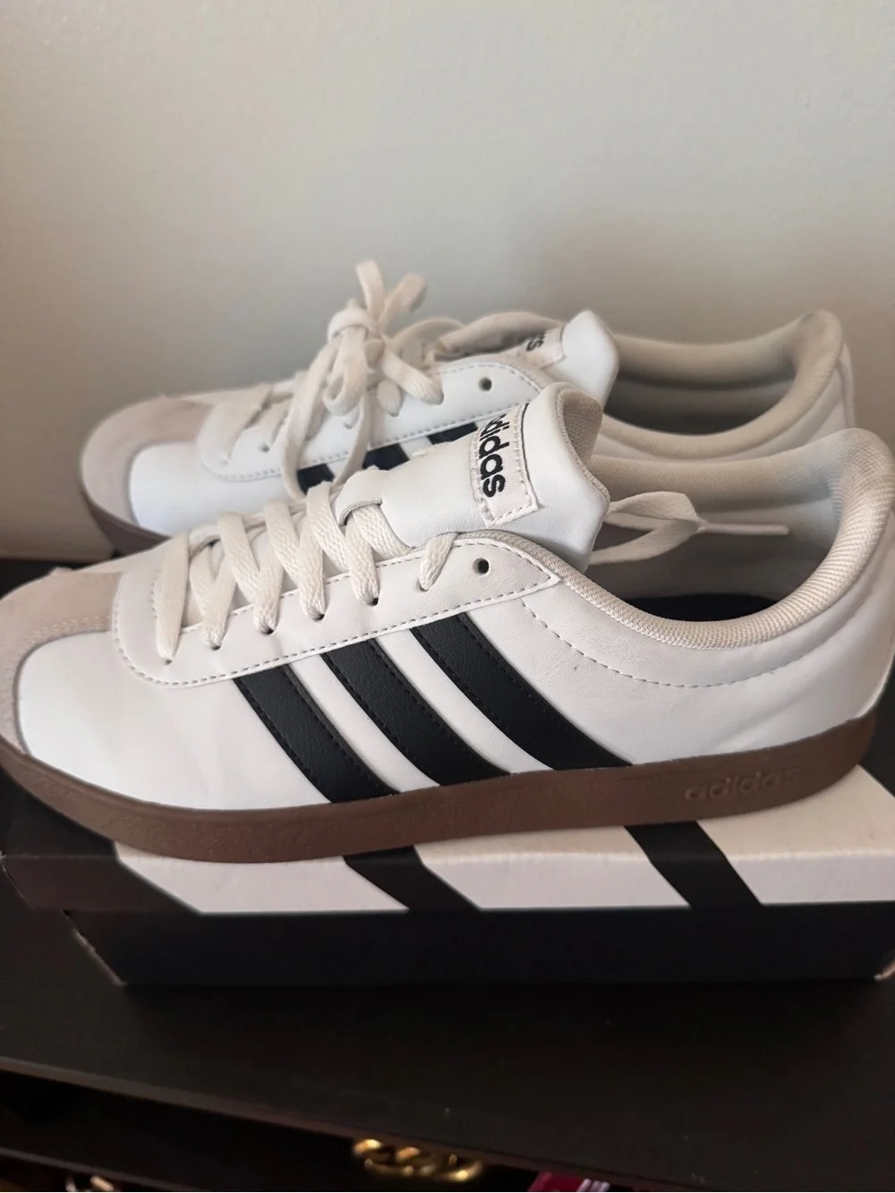 adidas White & Black Low-Top Sneakers with Tan Accents